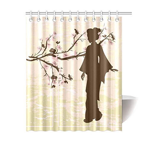 Japanese Home Bath Decor, Asian Women Cherry Blossoms Polyester Fabric Shower Curtain Bathroom Sets
