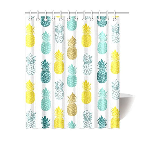 Tropical Home Bath Decor, Blue Yellow Pineapples Polyester Fabric Shower Curtain Bathroom Sets