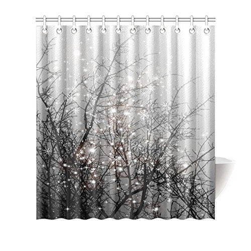 Fashion Mystical Magical Tree Home Decor, Beautiful Black Tree Branch with Snowflake Polyester Fabric Shower Curtain With Hooks Black Grey
