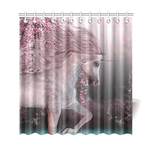 Cherry Blossom Home Bath Decor, Fantasy Unicorn Polyester Fabric Shower Curtain Bathroom Sets