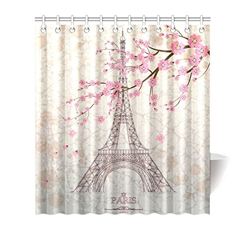 Vintage France Eiffel Tower with Cherry Blossom House Decor Shower Curtain for Bathroom, Decorative Bathroom Shower Curtain Set with Rings