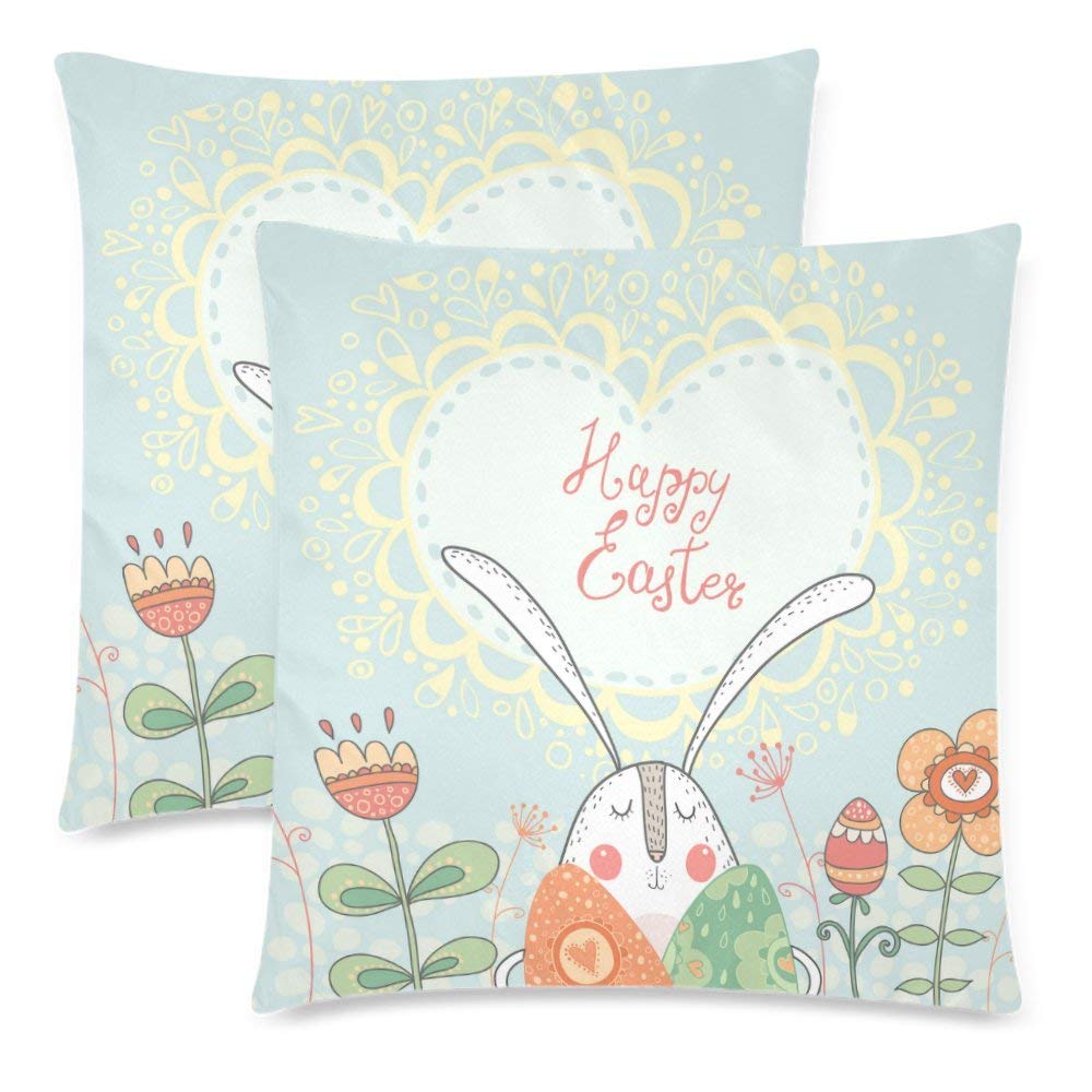 Cute Easter Rabbit with Eggs and Flowers Throw Pillow Covers 18x18