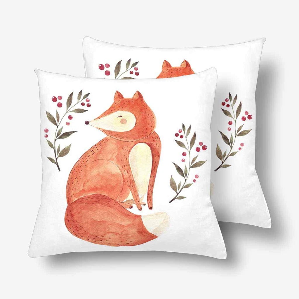 Watercolor Fox Floral Artwork White Throw Pillow Covers 18x18 Set of 2, Pillow Cushion Cases Pillowcase for Home Couch Sofa Bedding Decorative