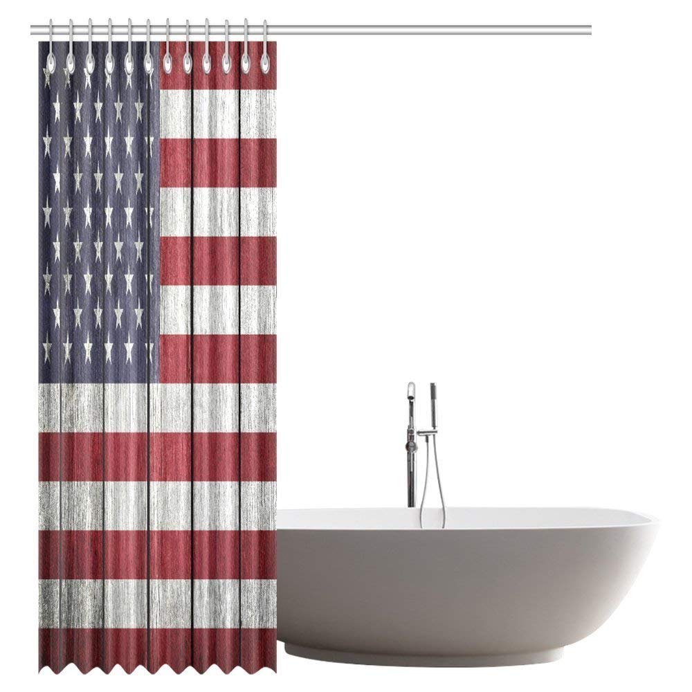 USA Flag Shower Curtain, United States of America Flag on Old Vintage Wood Fabric Bathroom Shower Curtain