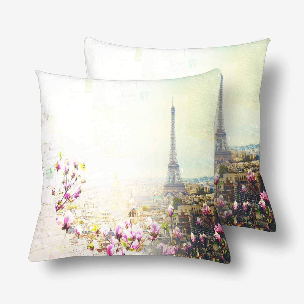 Vintage Paris City Skyline Eiffel Tower Spring Tree Bloom France Throw Pillow Covers 18x18 Set of 2, Pillow Cushion Cases Pillowcase for Home Couch Sofa Bedding Decorative