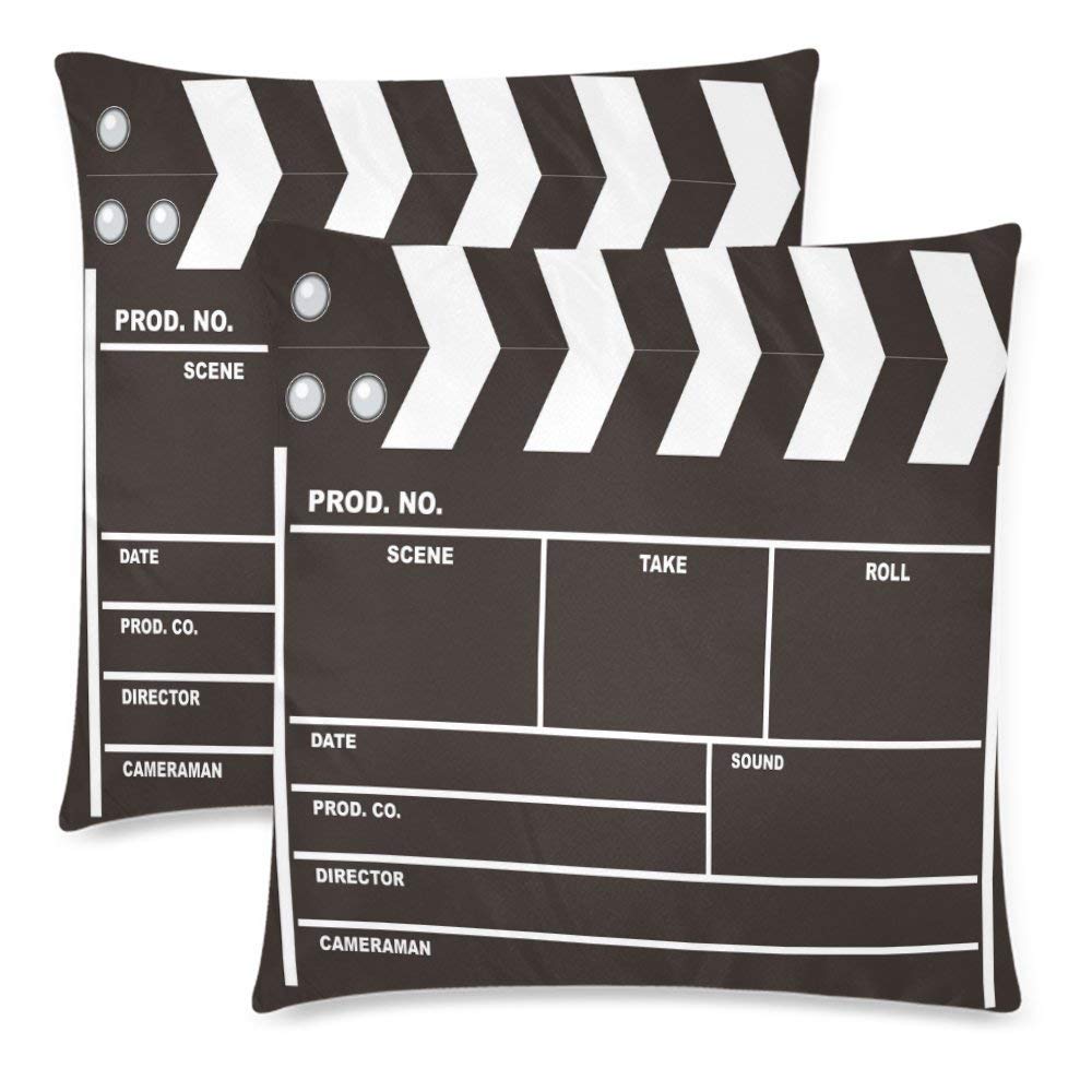 2 Pack Movie Clapboard Throw Cushion Pillow Case Cover 18x18 Twin Sides, Black and White Movie Camera Zippered Pillowcase Set Shams Decorative