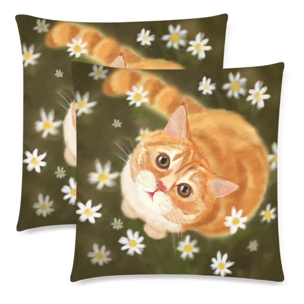 Custom 2 Pack Cat in the Flower Field Throw Pillow Case Covers 18x18 Twin Sides, Funny Animal Cat Cotton Zippered Cushion Pillowcase Set Decorative