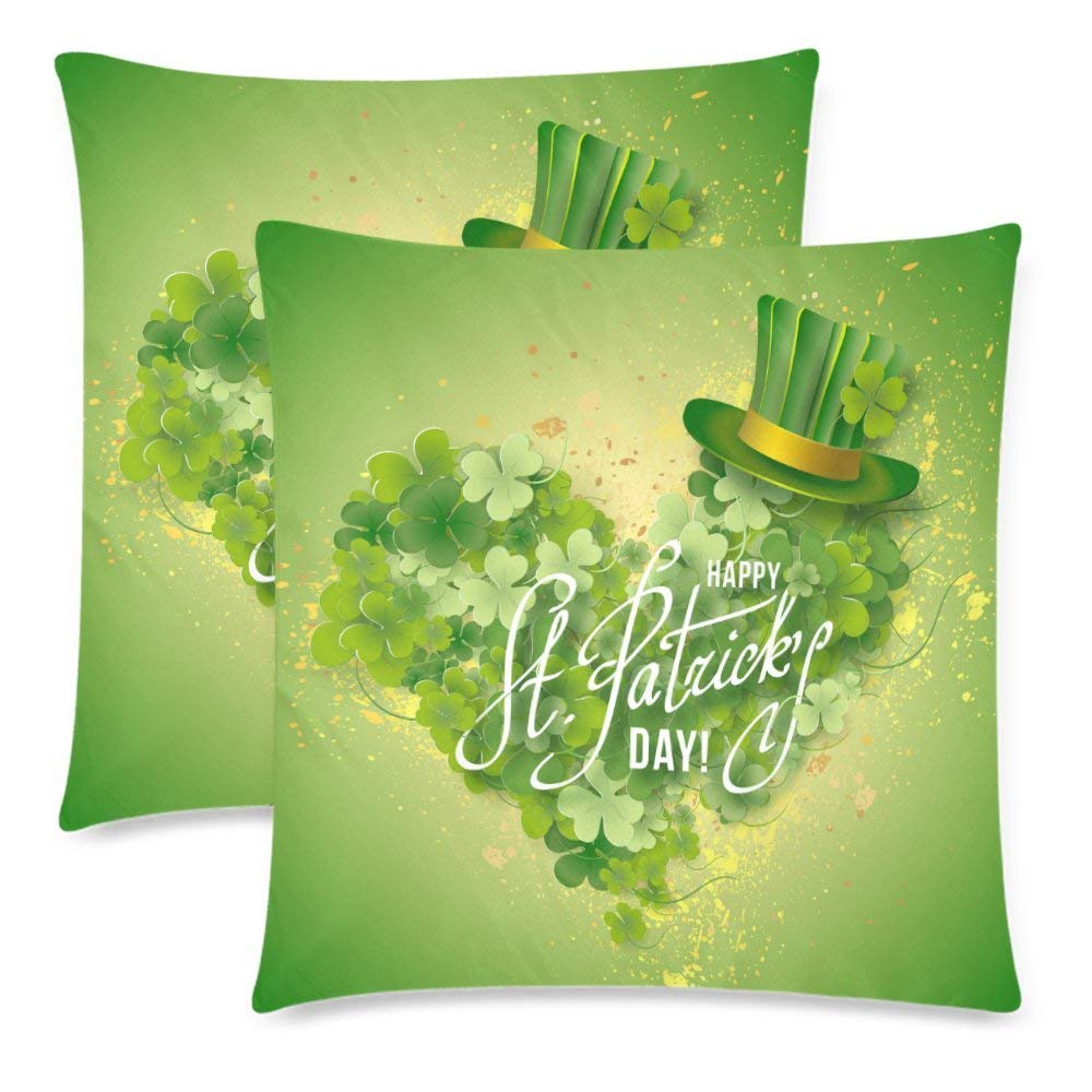 Green Hat and Heart Shaped Shamrock Throw Pillow Cover Cushion Case 18x18