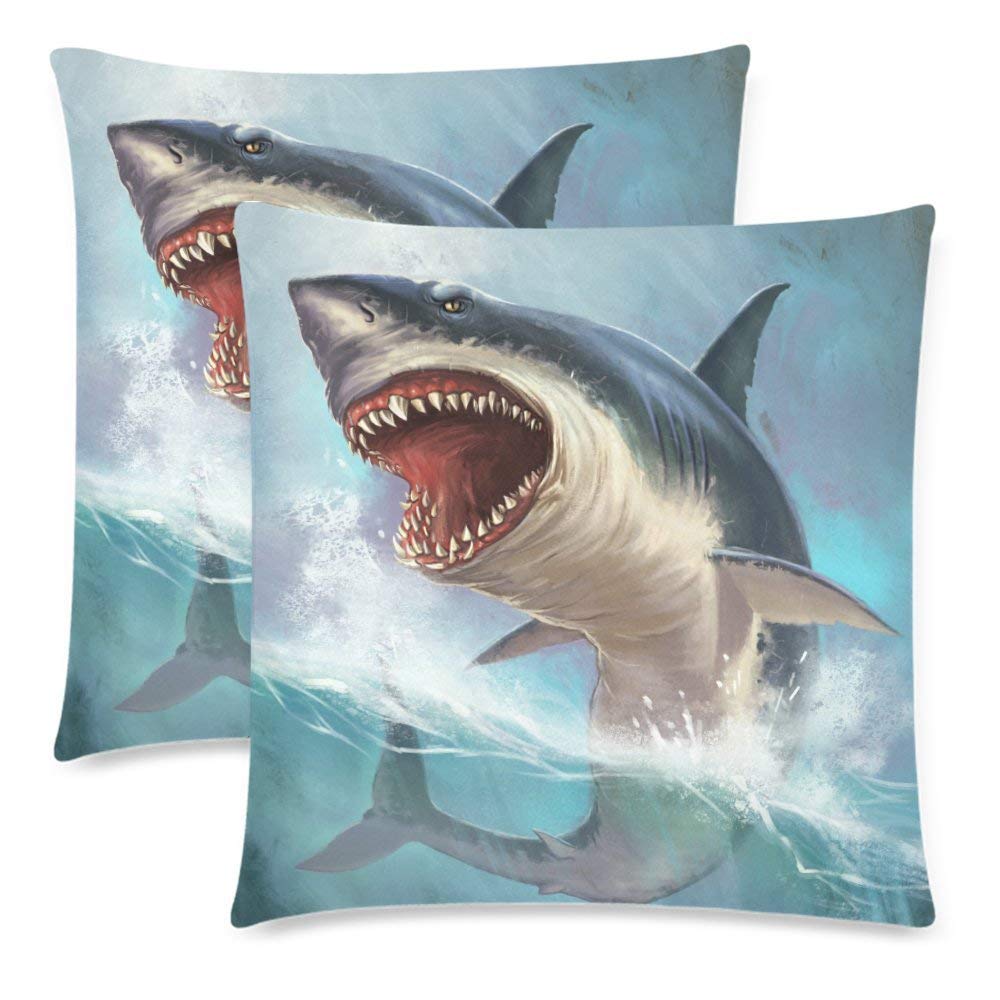 Custom 2 Pack Shark Throw Pillow Case Covers 18x18 Twin Sides, Ocean Animal Cotton Zippered Cushion Pillowcase Set Decorative