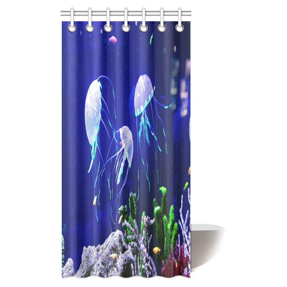 Jellyfish Shower Curtain, Beautiful Ocean Wildlife Jellyfish, Medusa in the Neon Light with Fishes Bathroom Shower Curtain Set with Hooks