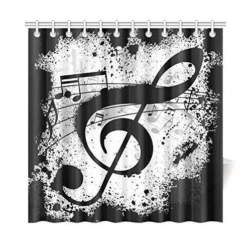 Black and White Home Bath Decor, Musical Notes Polyester Fabric Shower Curtain Bathroom Sets