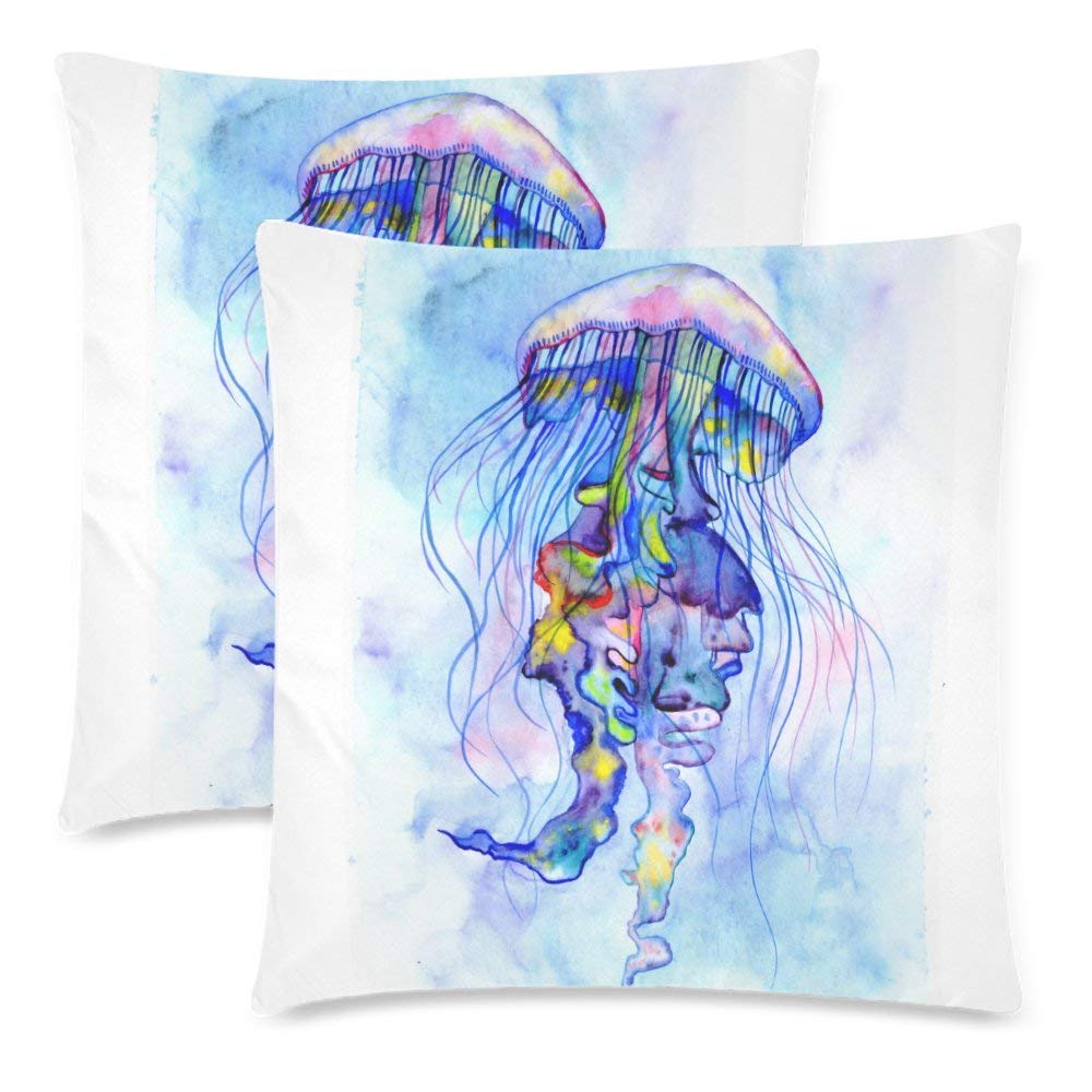 2 Pack Watercolor Jellyfish Cushion Pillow Case Cover 18x18 Twin Sides, Sea Fish Ocean Beach Zippered Cotton Throw Pillowcase Set Decorative for Couch Bed