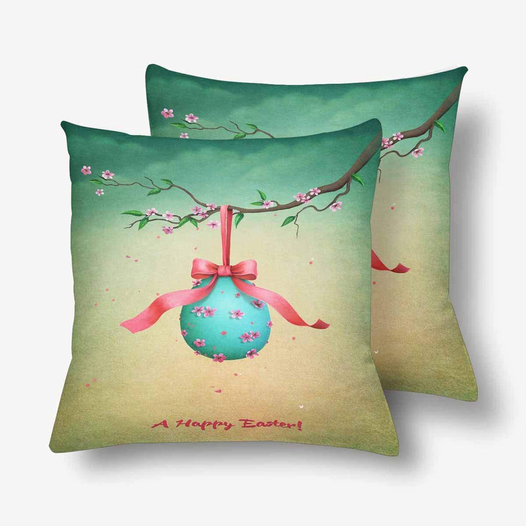 Vintage Holiday Easter Egg Pink Cherry Branch Throw Pillow Covers 18x18 Set of 2, Pillow Cushion Cases Pillowcase for Home Couch Sofa Bedding Decorative