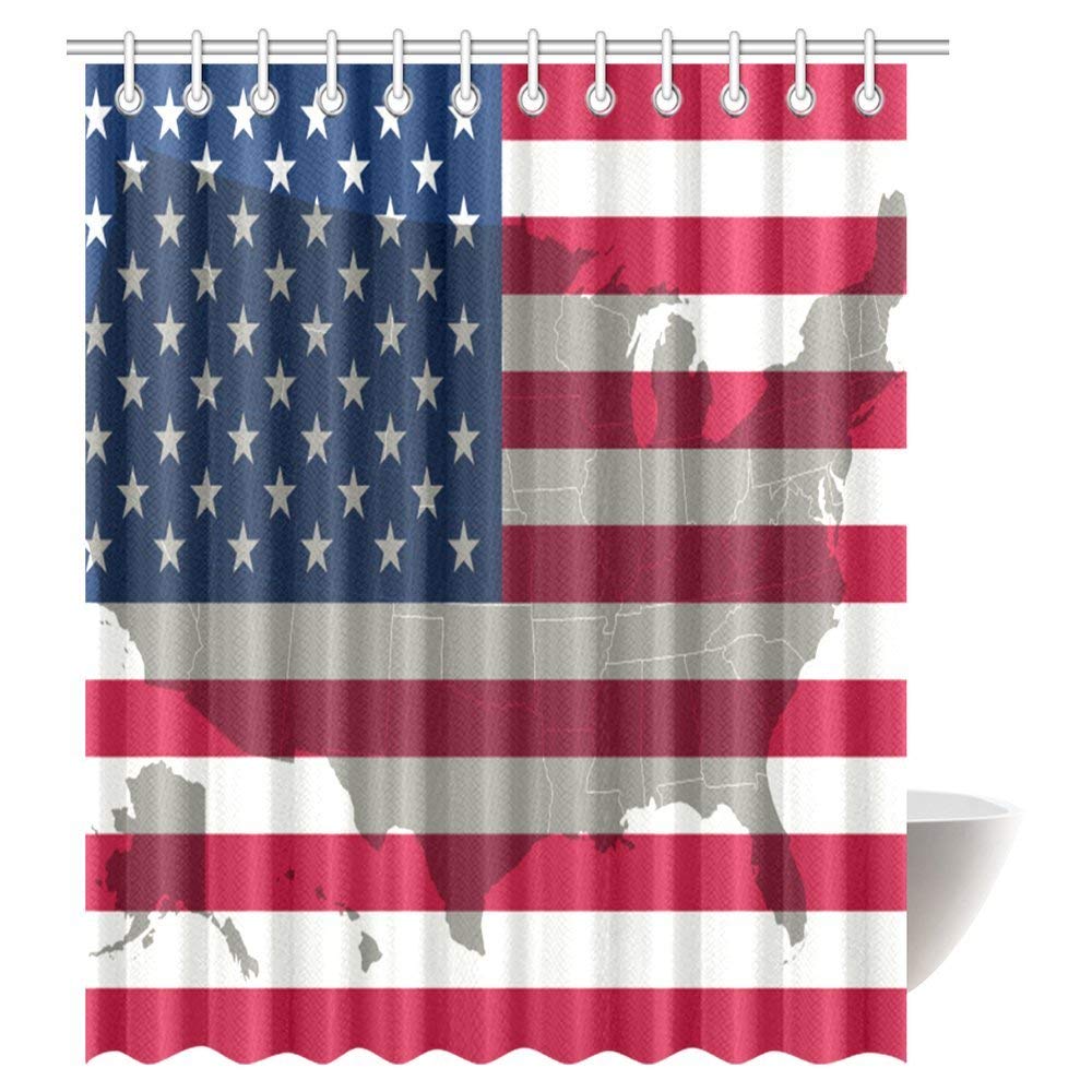 American USA Flag and Map Decor, USA Flag Patriotism Painted Looking Background Design, Polyester Fabric Bathroom Shower Curtain Set with Hooks, Blue Red, 69 X 84 Inches 