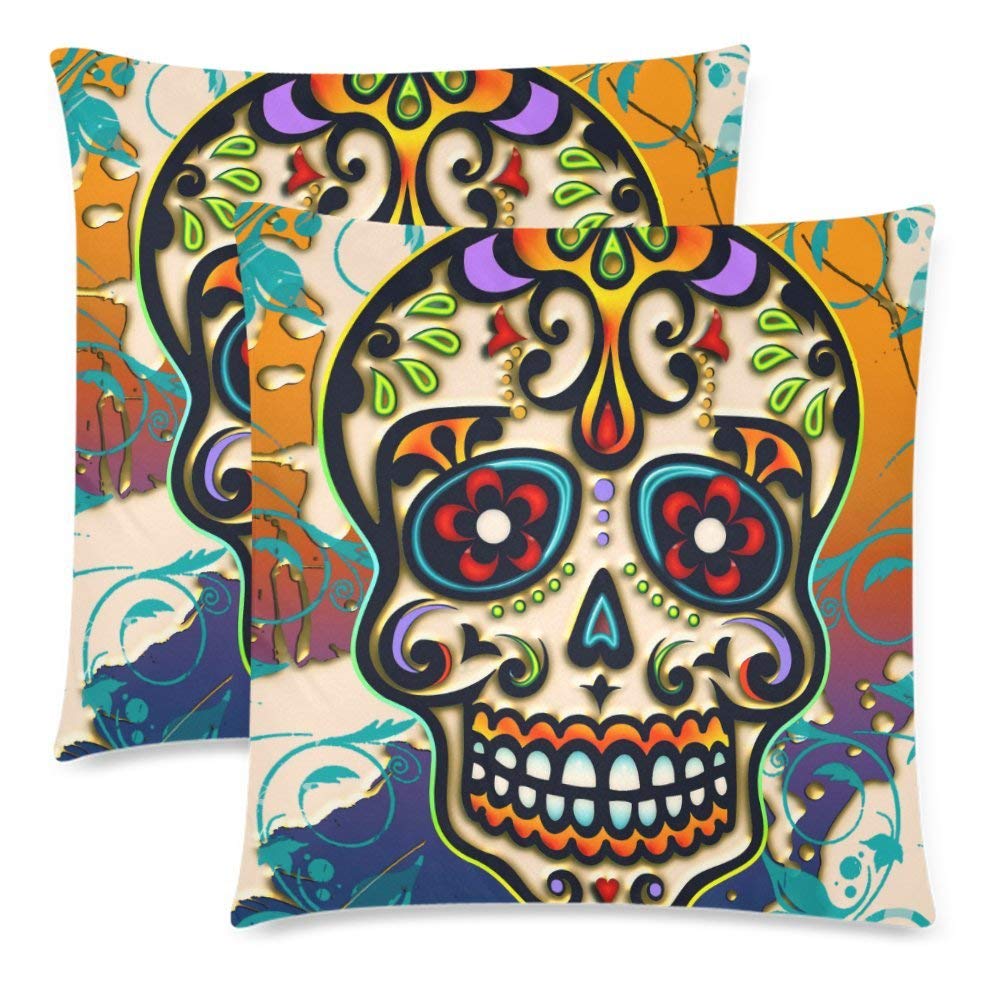 Mexico Sugar Skull Pillow Case Cover 18x18 Twin Sides for Couch Bed, Dia De Los Muertos Day of Dead Zippered Throw Pillowcase Shams Decorative, Set of 2