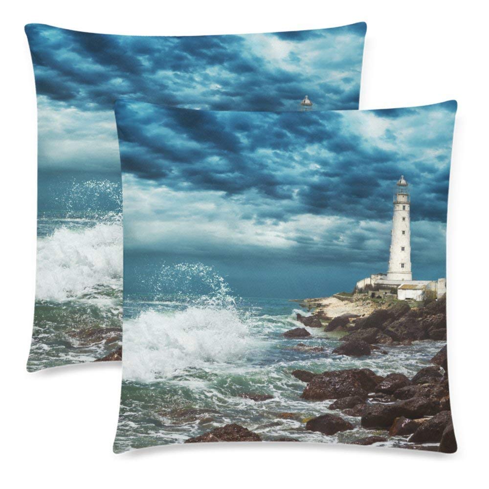 Custom 2 Pack Stormy Sky over Lighthouse 18x18 Cushion Pillow Case Cover Twin Sides, Ocean Wave Cotton Zippered Throw Pillowcase Protector Set Decorative