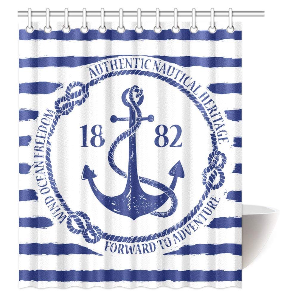 Nautical Theme Decor Shower Curtain, Blue White Nautical Emblem with Anchor Bathroom Shower Curtain Set with Hooks