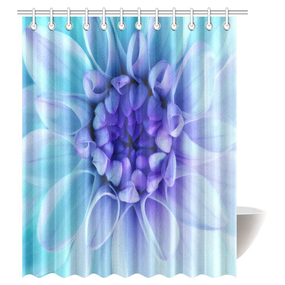 Iridescent Turqoise Beautiful Dahlia Flower Blooms Blue Center Fabric Bathroom Shower Curtain Set
