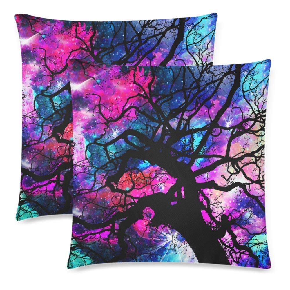 2 Pack Black Tree on Galaxy Space Throw Cushion Pillow Case Cover 18x18 Twin Sides, Star-field Tree Zippered Pillowcase Set Shams Decorative