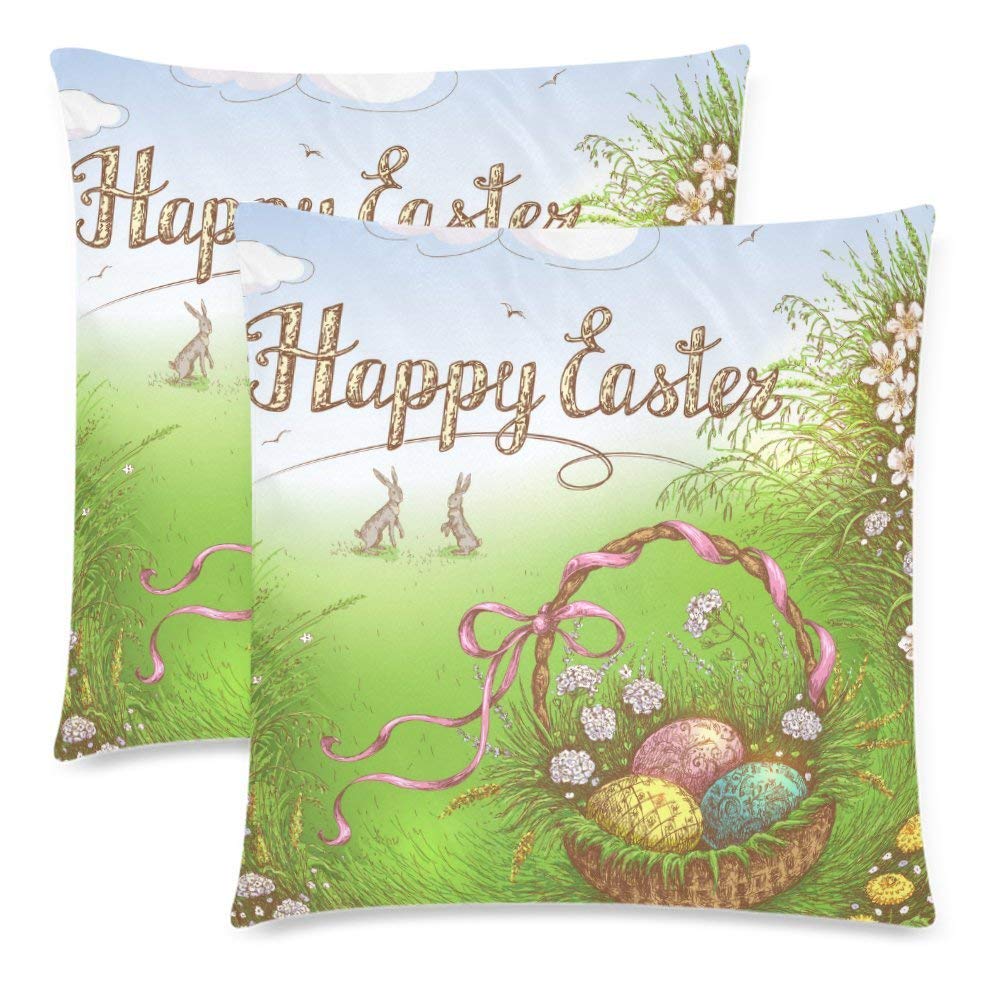 2 Pack Happy Easter Basket with Egg Pillow Case Cover 18x18 Twin Sides, Easter Bunny near the Grass Zippered Throw Cushion Pillowcase Protector Set Decorative for Couch Bed