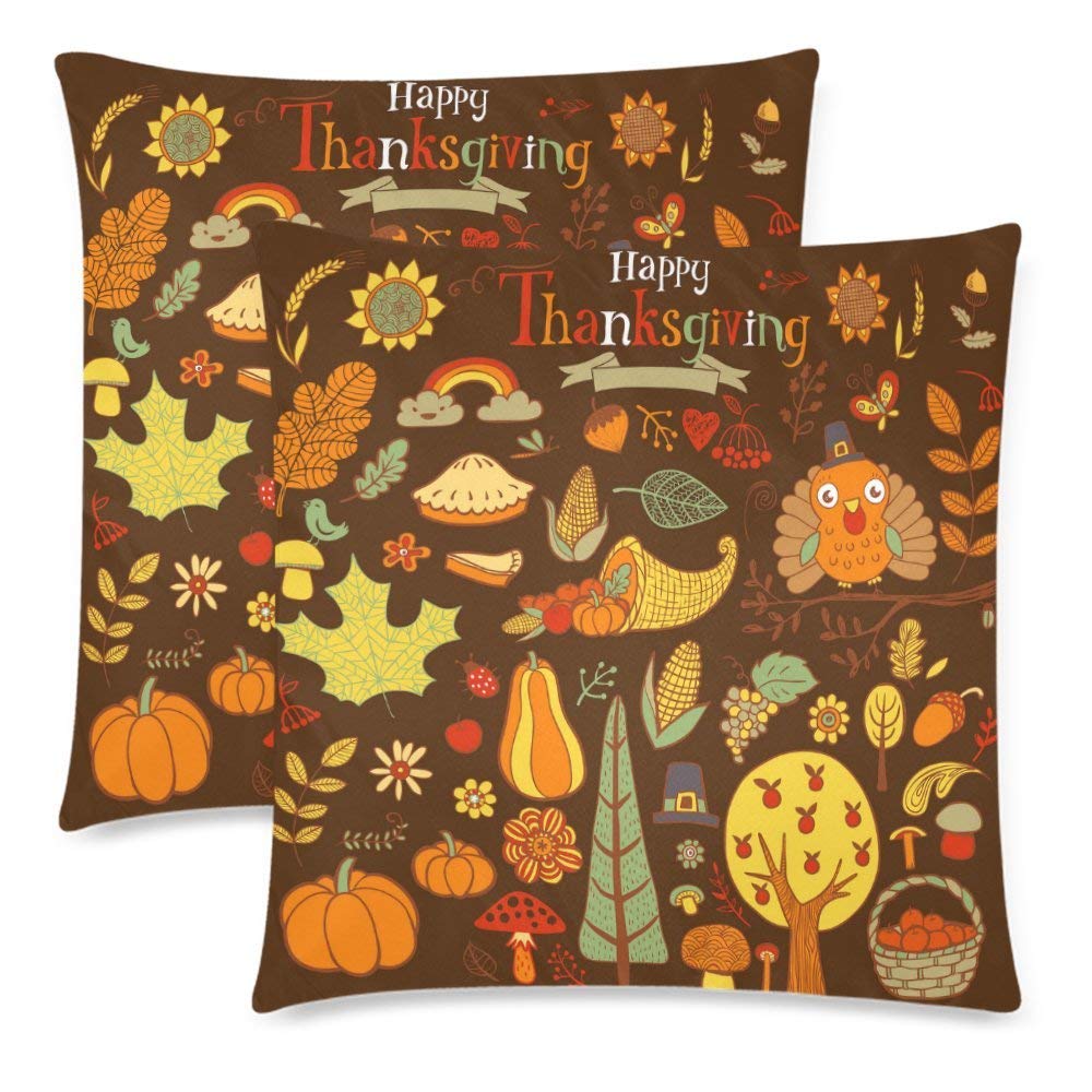 Custom 2 Pack Traditional Fall Holiday Thanksgiving Day Throw Cushion Pillow Case Covers 18x18 Twin Sides, Autumn Harvest with Turkey Cotton Zippered Pillowcase Sets Decorative