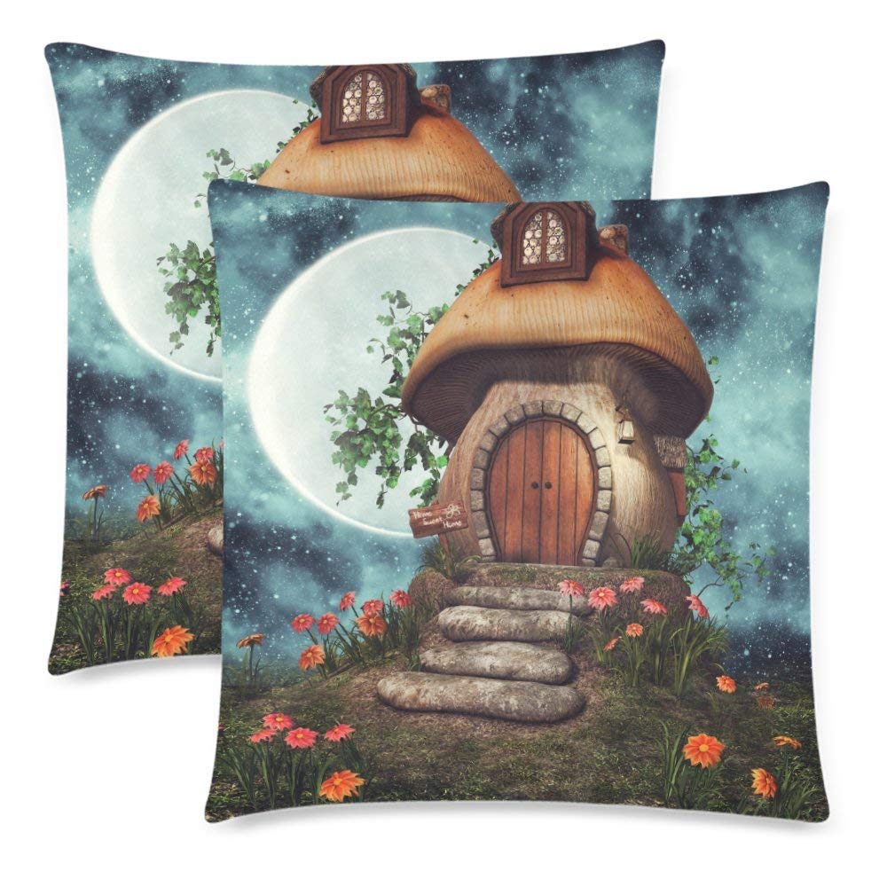 2 Pack Colorful Fairytale Mushroom Cottage Pillow Case Cover 18x18 Twin Sides, Flowers and Ivy at Night Zippered Throw Cushion Pillowcase Protector Set Decorative for Couch 