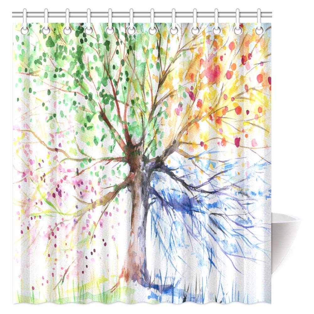 Colorful Tree Four Seasons Polyester Fabric Shower Curtain 66 X 72 Inches, Berry Green Red Yellow Navy Brown Water, Soap, and Mildew Resistant Machine Washable Shower Curtains