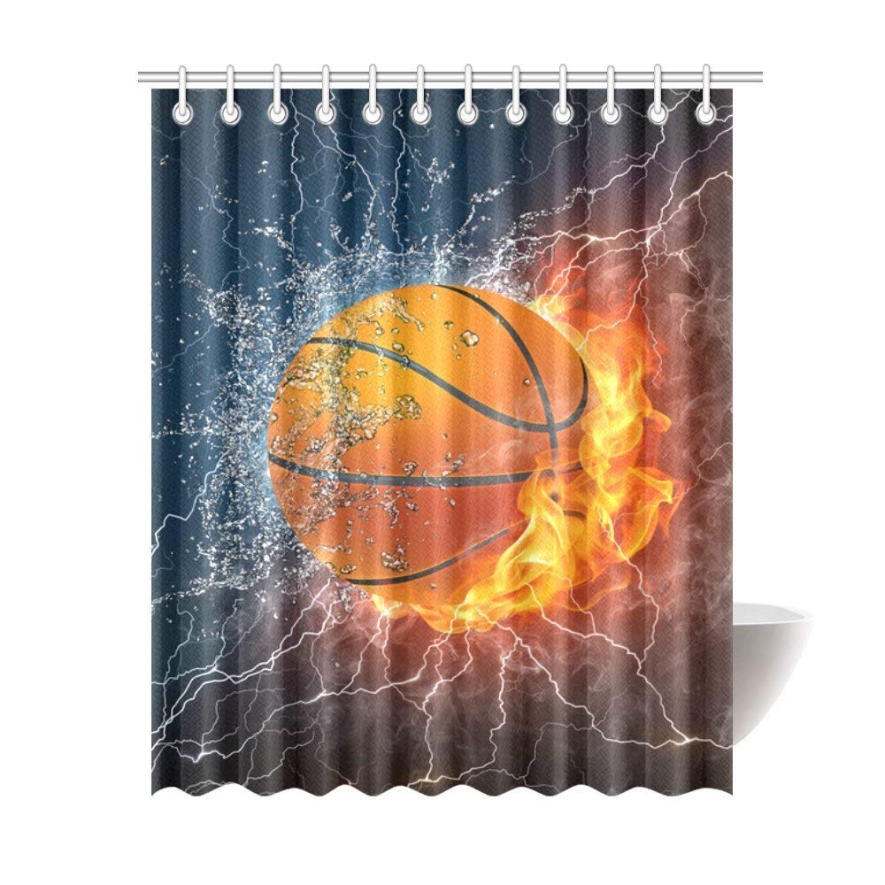 Basketball Ball on Fire and Water Flame Splashing Thunder Lightning Polyester Fabric Bathroom Shower Curtain Bathroom Sets 69 X 84 Inches