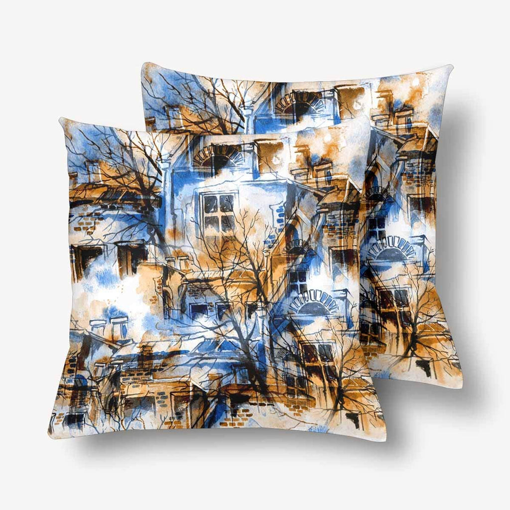 Watercolor City Sketch Spring Sky Tree House Pillowcase Throw Pillow Covers 18x18 Set of 2, Pillow Sham Cases Protector for Home Couch Sofa Bedding Decorative