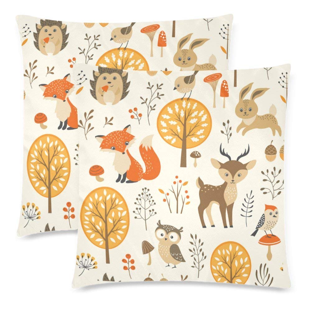 2 Pack Autumn Forest with Funny Animal Thanksgiving Harvest Cushion Pillow Case Cover 18x18 Twin Sides, Fall Forest Deer Fox Zippered Cotton Throw Pillowcase Set Decorative for Couch Bed