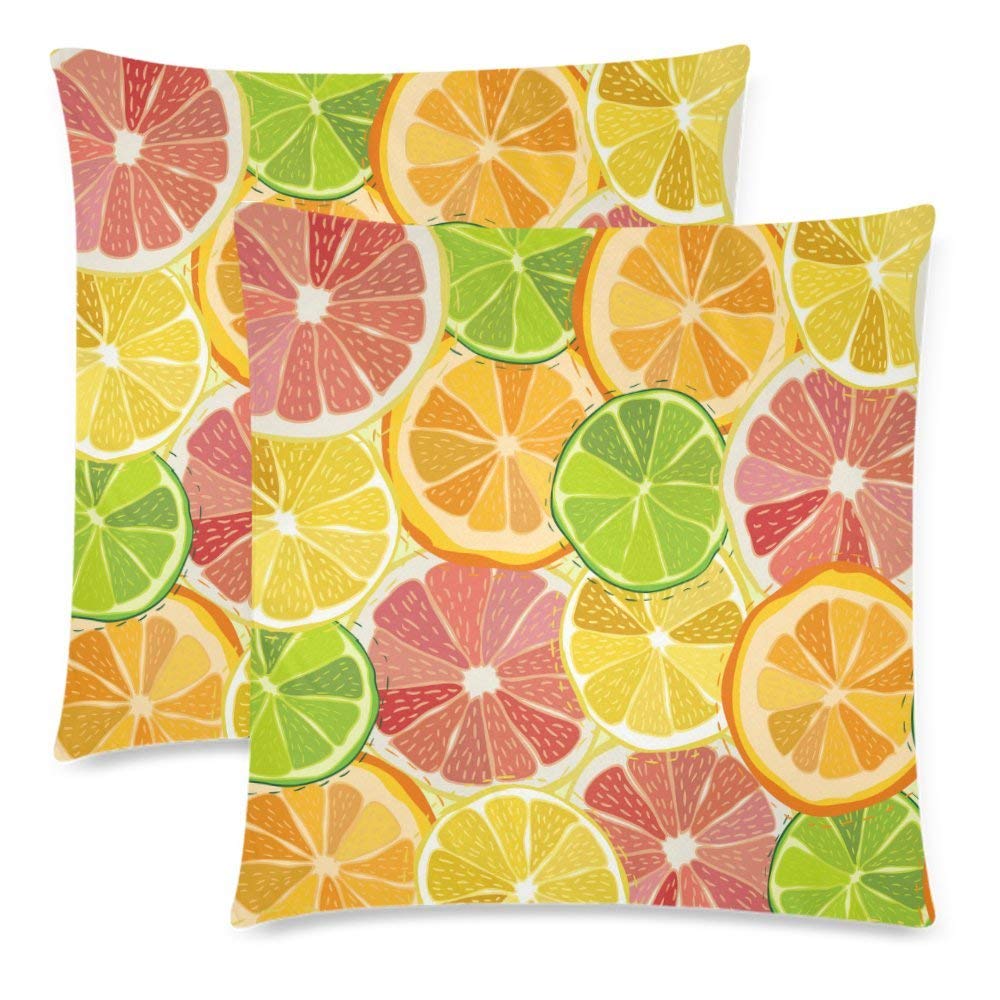 2 Pack Color Citrus Juicy Fruit of Orange Lemon Cushion Pillow Case Cover 18x18 Twin Sides, Grapefruit Lime Zippered Cotton Throw Pillowcase Set Decorative for Couch Bed