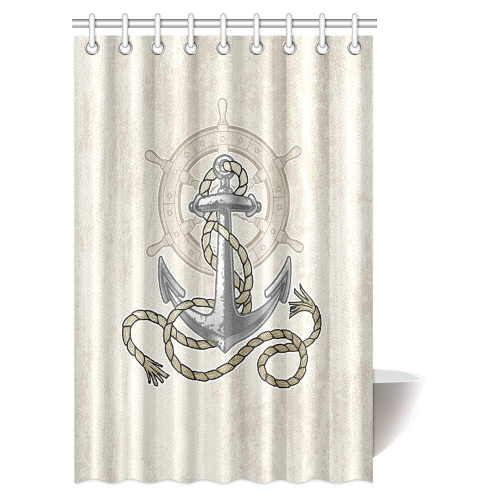 Nautical Decor Shower Curtain, Old Anchor and Helm with Rope Sea Ocean Life Coast Cruise Fabric Bathroom Decor Set with Hooks