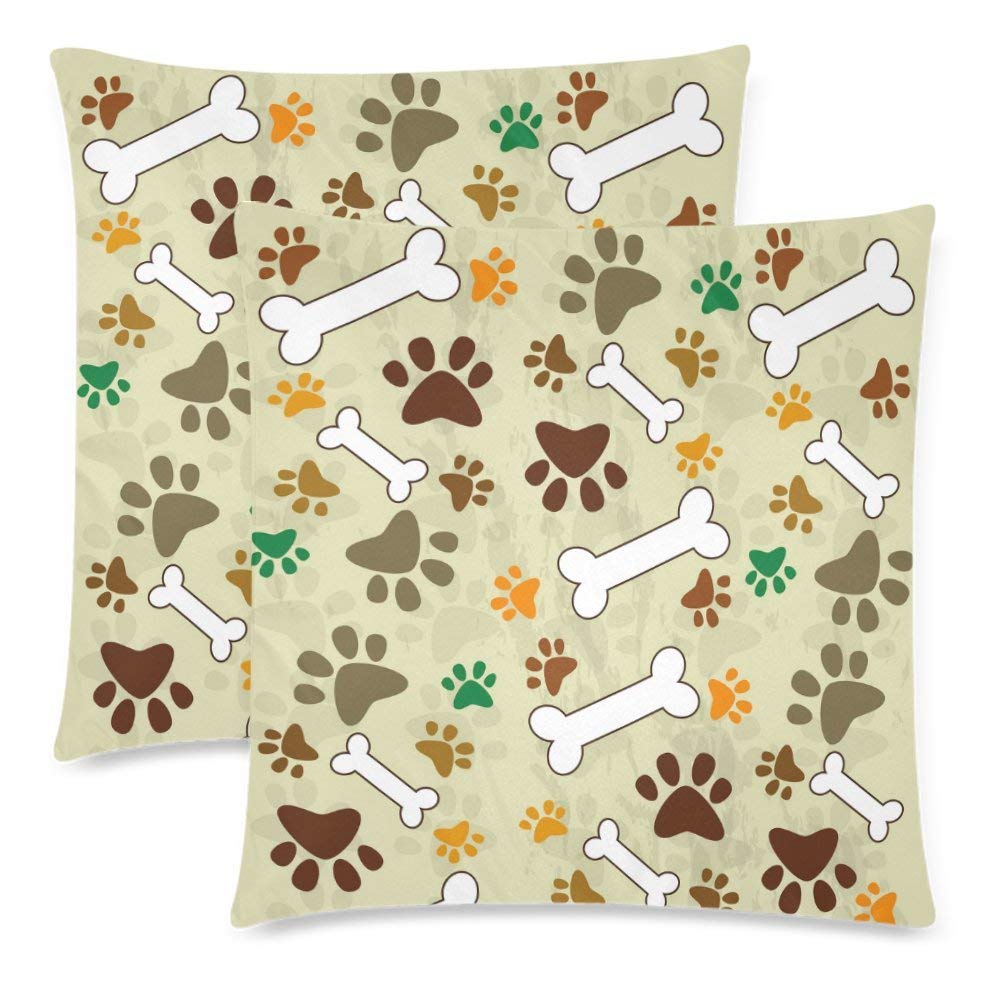 2 Pack Dog Paw and Bone Throw Cushion Pillow Case Cover 18x18 Twin Sides, Colorful Paw Print Zippered Pillowcase Set Shams Decorative