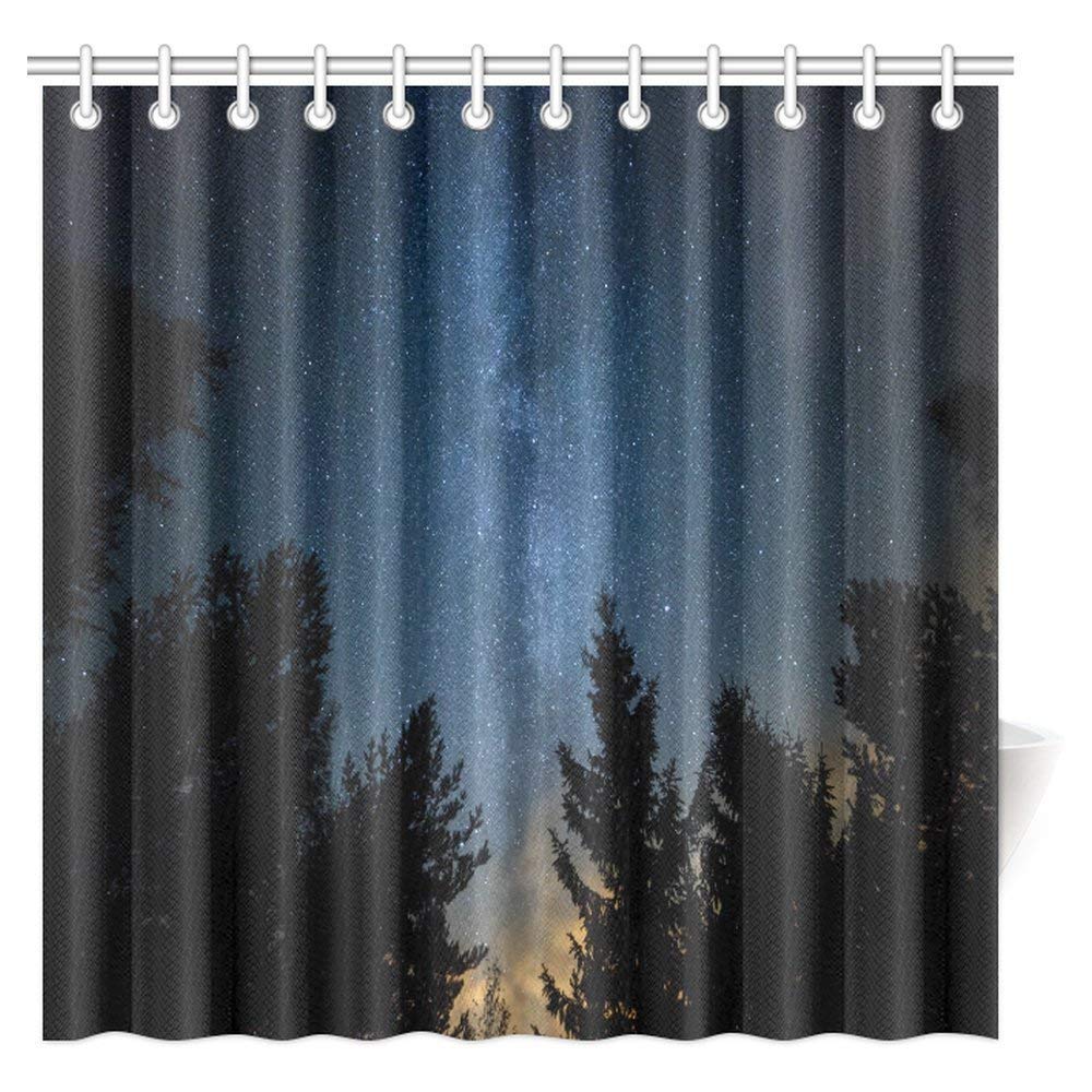 Night Sky Decor Shower Curtain, Milky Way Over the Forest and Trees Bathroom Shower Curtain Set with Hooks