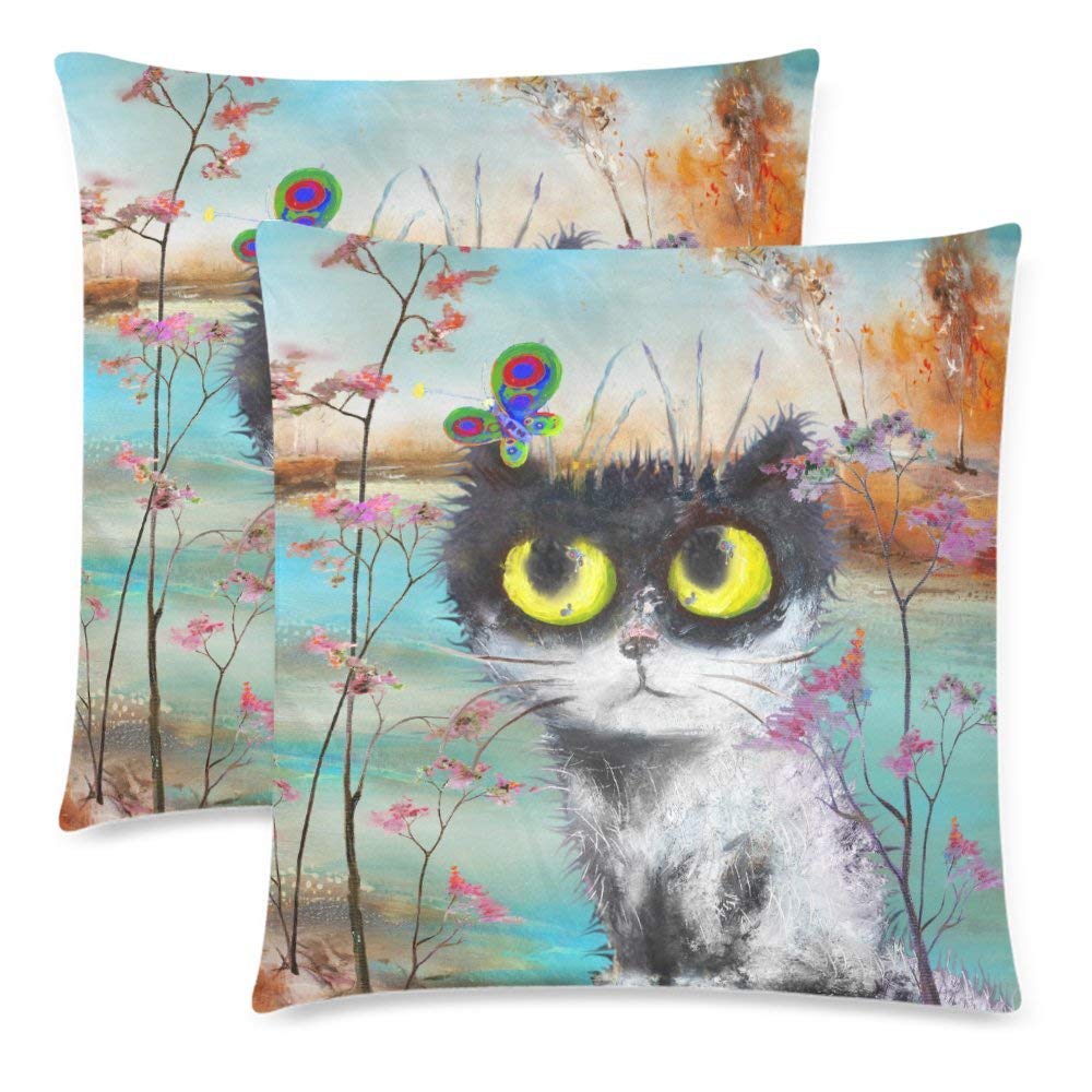 2 Pack Autumn Scenery with Cat Butterfly Cotton Throw Pillowcase 18x18 Twin Sides, Fall Landscape Animal Zippered Cushion Pillow Case Cover Set Decorative for Couch Bed