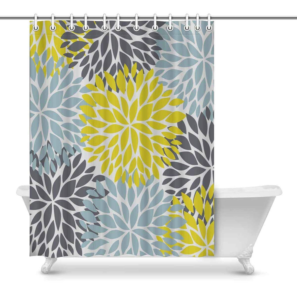 Dahlia Pinnata Flower Yellow Gray and Light Blue Art Print Polyester Fabric Shower Curtain Set