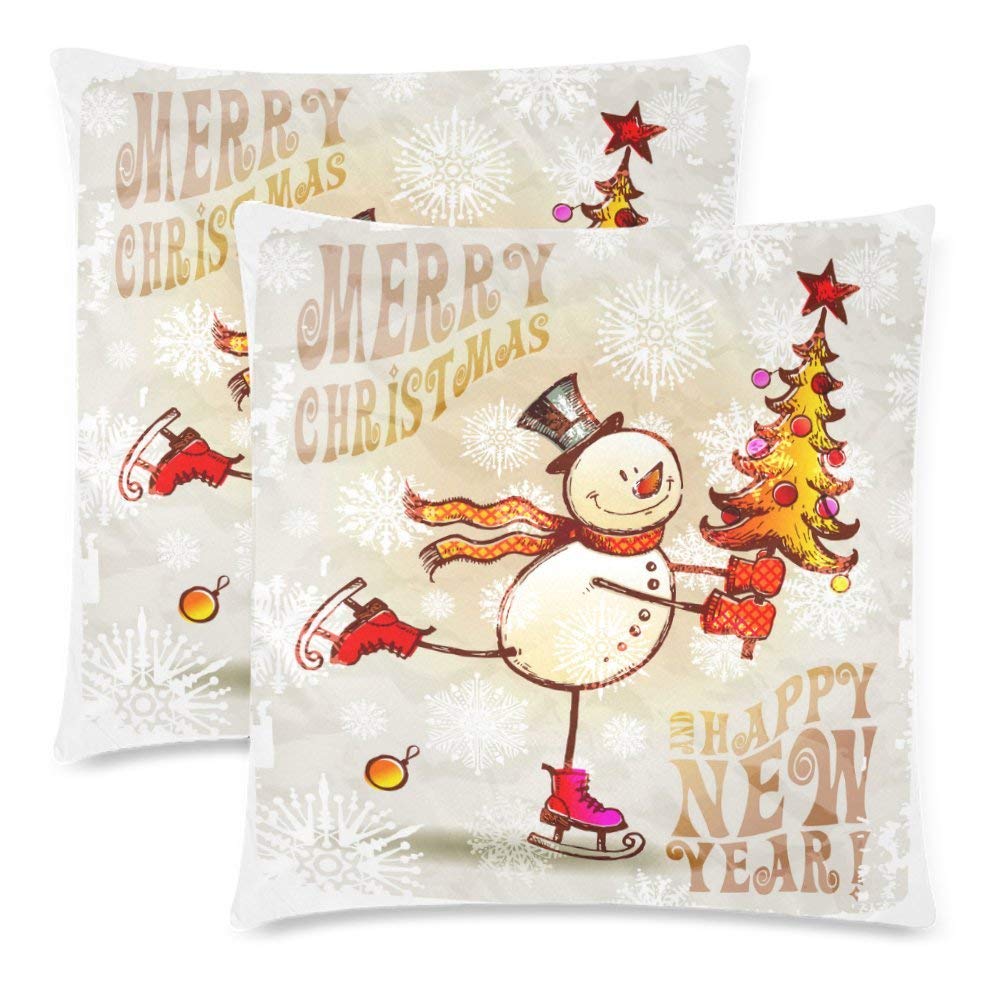 2 Pack Skating Happy Snowman with Christmas Tree Throw Cushion Pillow Cover 18x18 Twin Sides