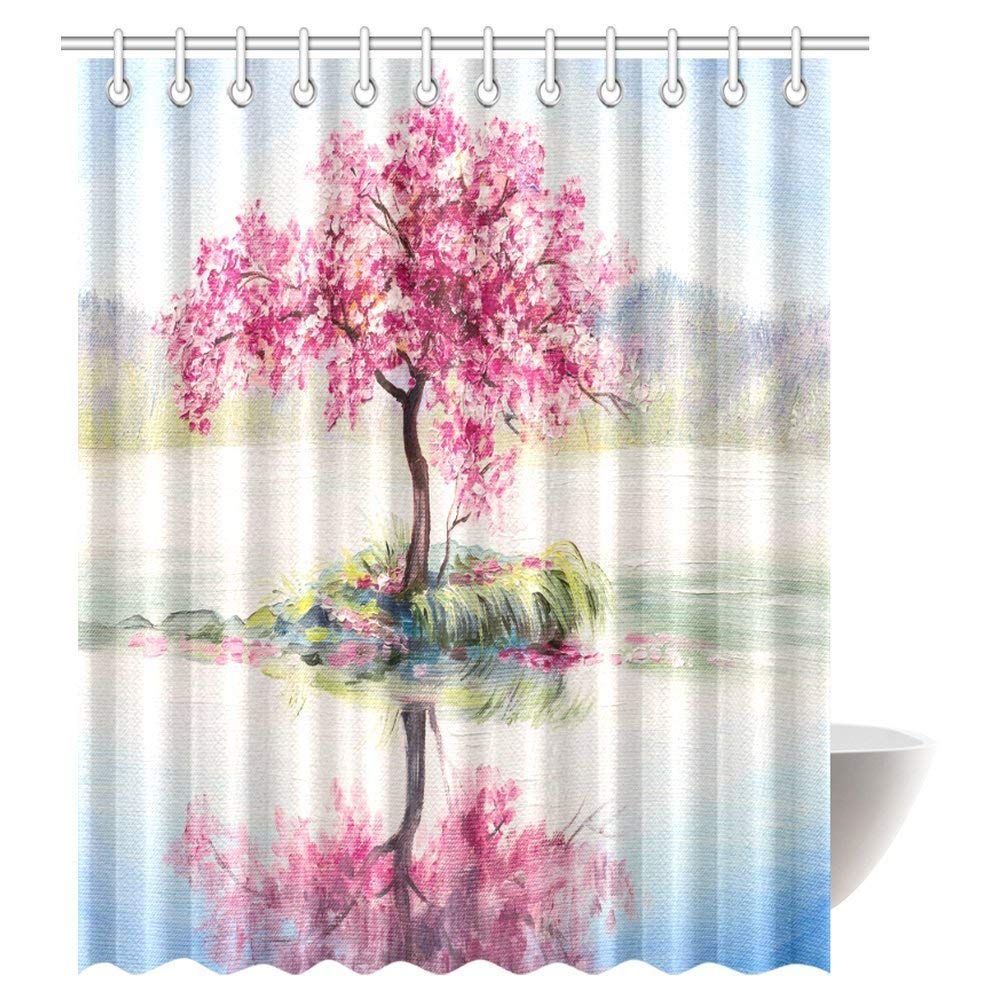 Tree Pink Floral Decor Shower Curtain, Blooming Japanese Cherry Sakura on the Lake Soft Romantic Almond Tree Bathroom Decor Set with Hooks