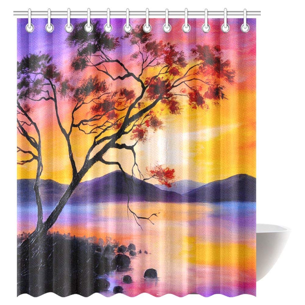 Oil Painting Shower Curtain, Colorful Sunset on the Lake Bathroom Shower Curtain Set with Hooks