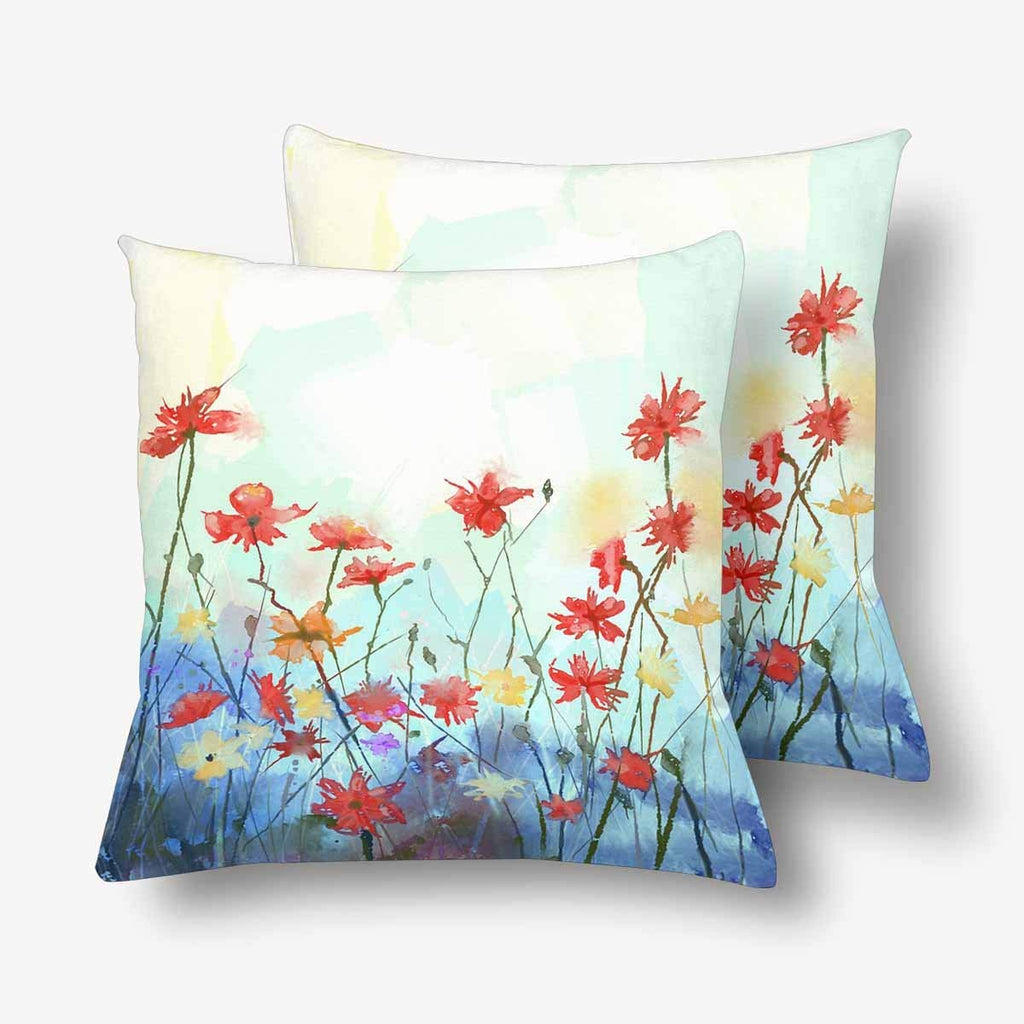 Watercolor Flowers Painting Spring Floral Seasonal Nature Pillowcase Throw Pillow Covers 18x18 Set of 2, Pillow Sham Cases Protector for Home Couch Sofa Bedding Decorative