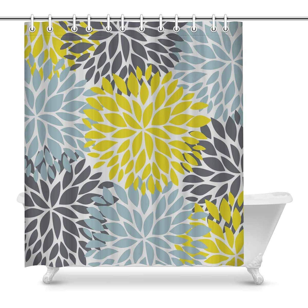 Dahlia Pinnata Flower Yellow Gray and Light Blue Home Decor, Floral Waterproof Polyester Fabric Shower Curtain Bathroom Sets with Hooks