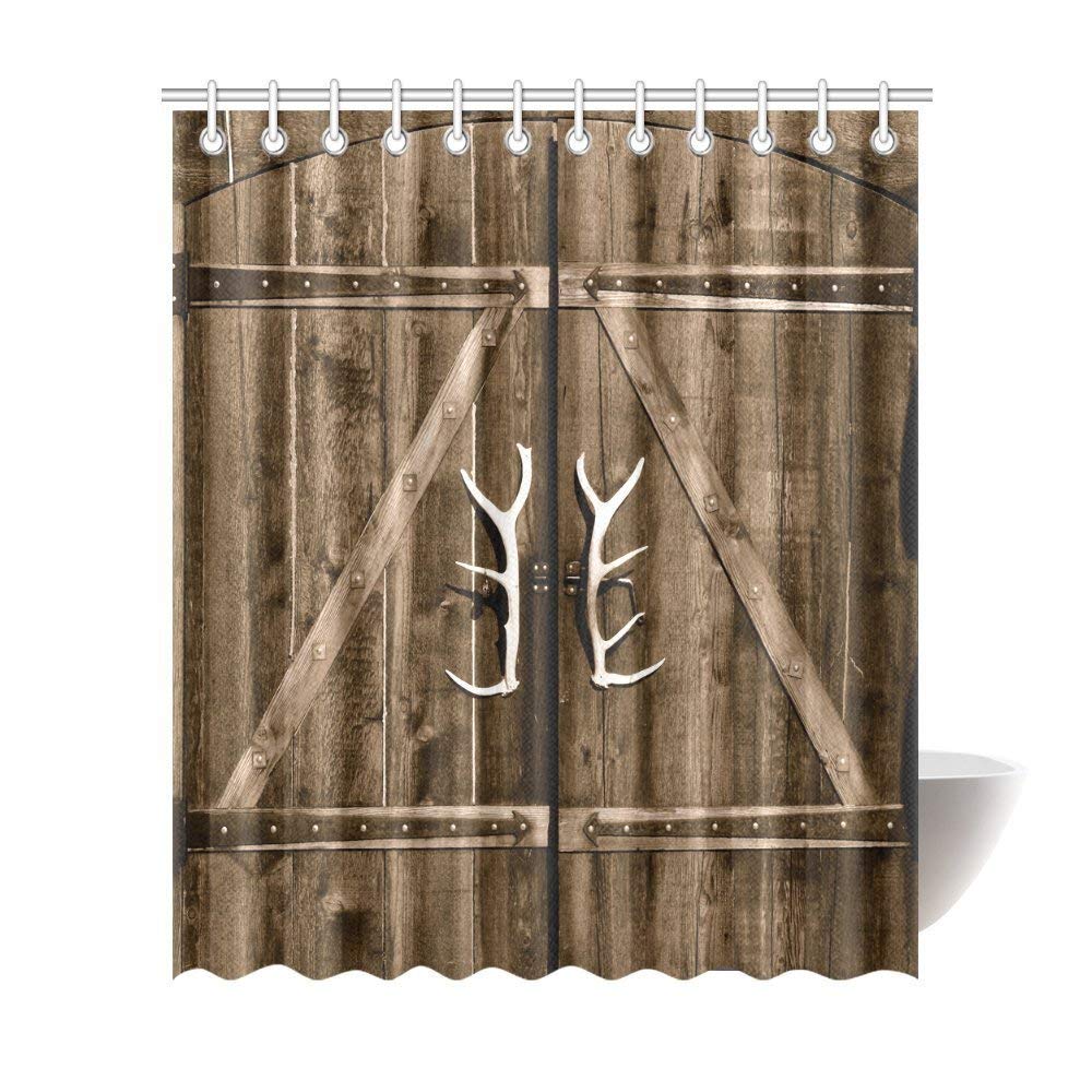 Wooden Garage Barn Door Shower Curtain, Vintage Rustic Country Wooden Gate with Antler Handles Decor Fabric Bathroom Set with Hooks