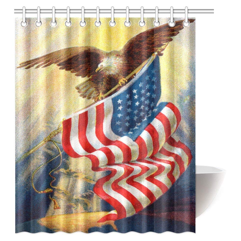 Celebrating Independence Day Shower Curtain, 4th of July Bald Eagle and American Flag Bathroom Set with Hooks, 60 By 72 Inches