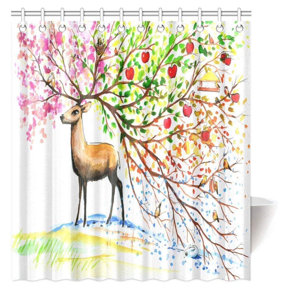 Brown Deer Shower Curtain, Beautiful Horn in Fours Seasons Art Bathroom Decor Shower Curtain Set with Hooks