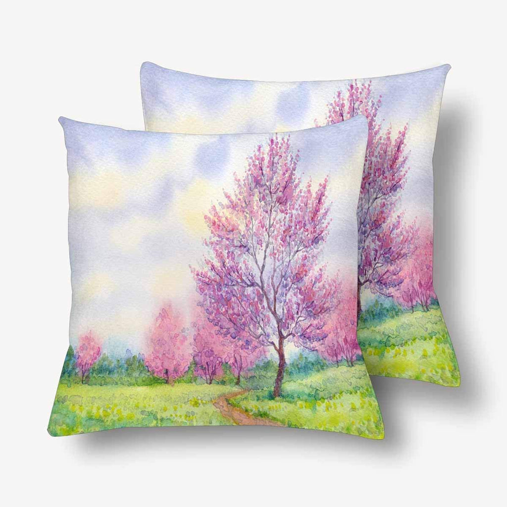 Watercolor Spring Landscape Flowering Tree Field Pillowcase Throw Pillow Covers 18x18 Set of 2, Pillow Sham Cases Protector for Home Couch Sofa Bedding Decorative