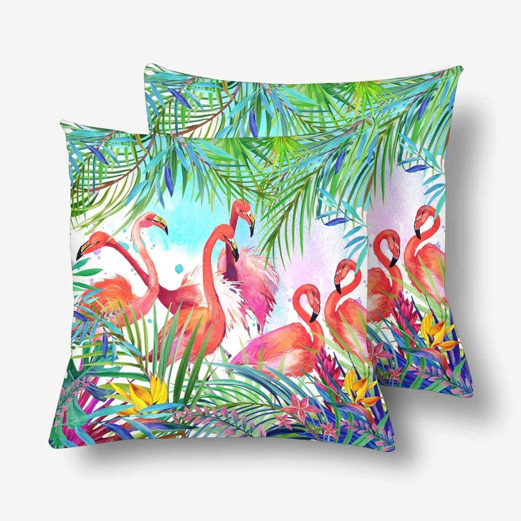 Watercolor Summer Floral Flamingo Tropical Exotic Bird Leaves Flower Throw Pillow Covers 18x18 Set of 2, Pillow Cushion Cases Pillowcase for Home Couch Sofa Bedding Decorative