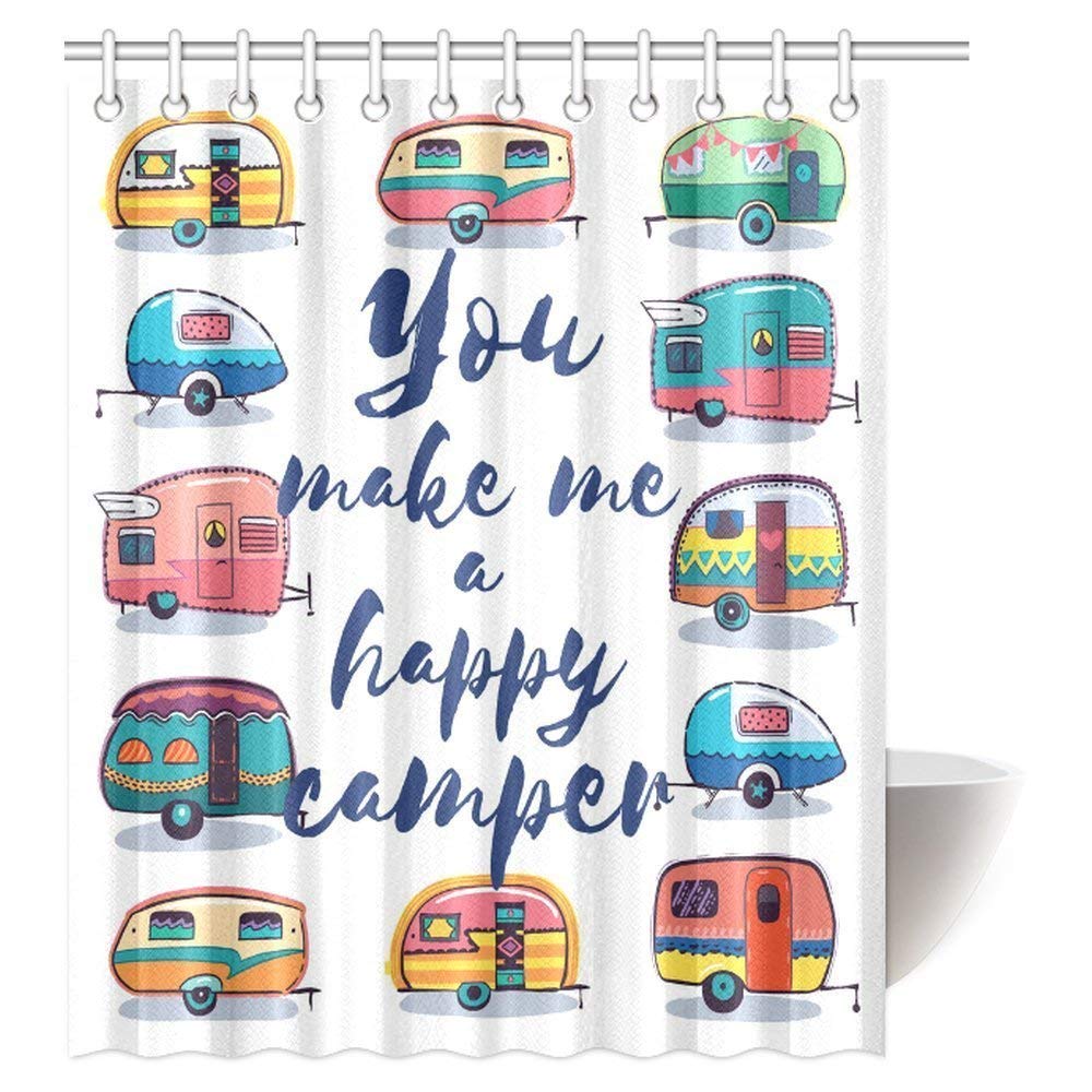 Camper Shower Curtain, You Make Me Happy Camper Motivational Quote with Caravans Retro Style Travel Graphic Bathroom Shower Curtain with Hooks