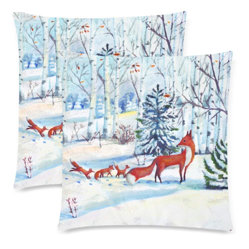 Custom 2 Pack Winter Forest with Fox Throw Pillow Case Covers 18x18 Twin Sides, Watercolor Landscape with Snow Birch Cotton Zippered Cushion Pillowcase Set Decorative