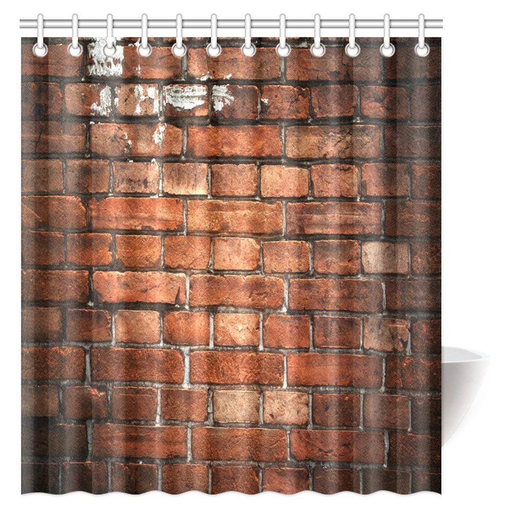 Rustic Home Decor Shower Curtain, Ancient Retro Old Fashioned Uneven Red Brick Wall Fabric Bathroom Set with Hooks