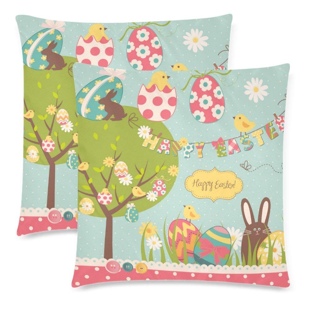 Easter Set with Cute Rabbit Colourful Eggs Pillow Covers 18x18 for Couch Bed